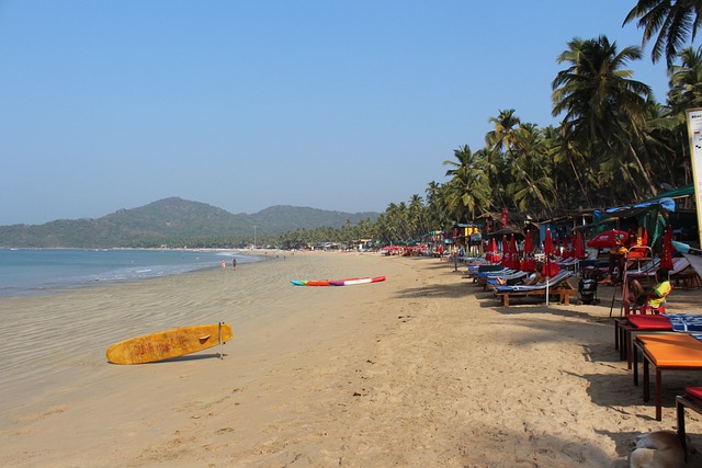 Sandy beach along the picturesque coast of Goa, with turquoise waves gently meeting the shore under a clear blue sky