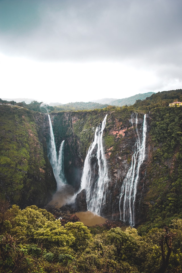 Jog Falls in Karnataka, India: A breathtaking cascade of water plunging down a lush green valley.