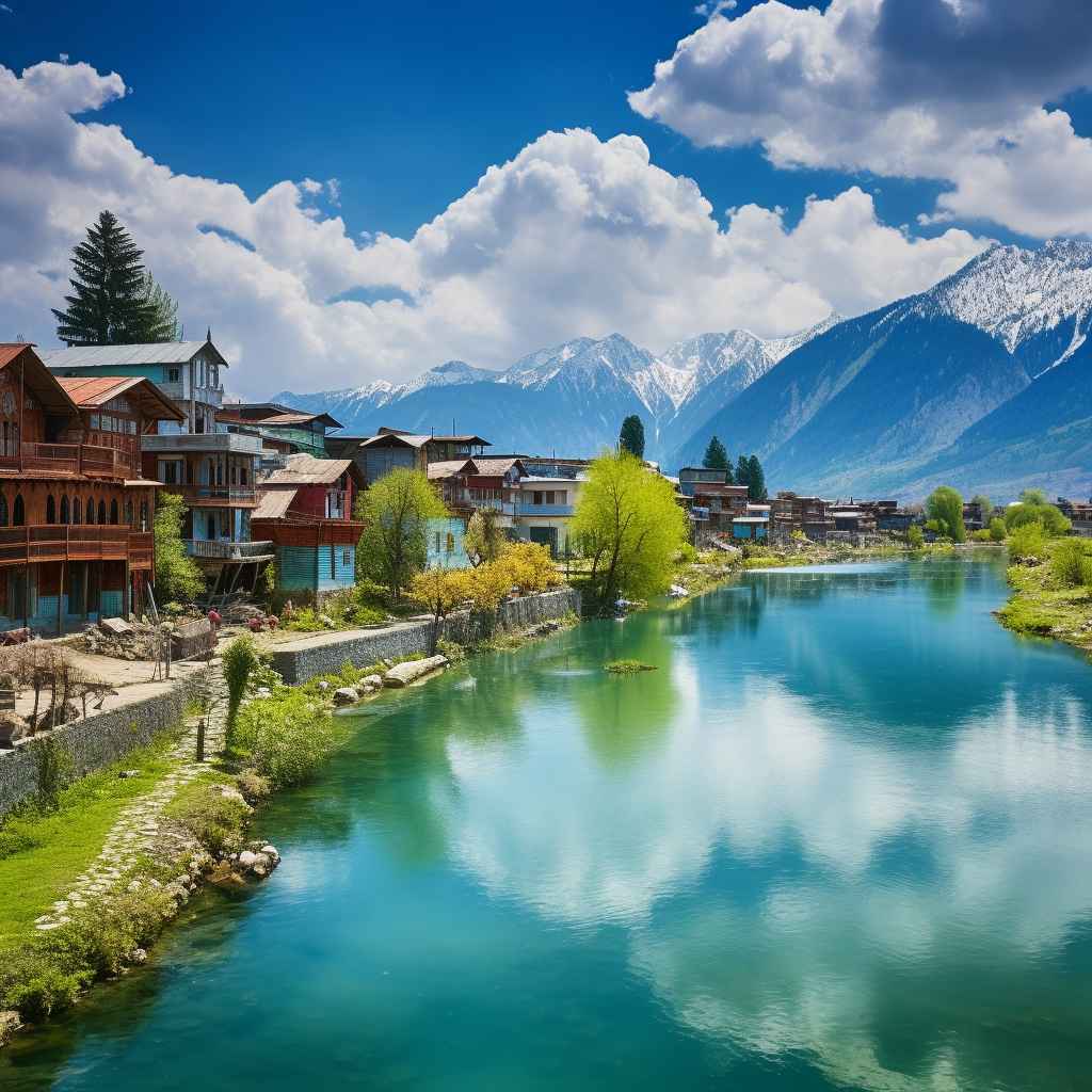 The serene village of Kashmir, nestled amidst the breathtaking mountain range, offers a mesmerizing sight.