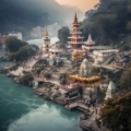 A picturesque view of Rishikesh, showcasing its renowned tourist places, including the iconic Laxman Jhula, Triveni Ghat, and the tranquil banks of the sacred Ganges River."