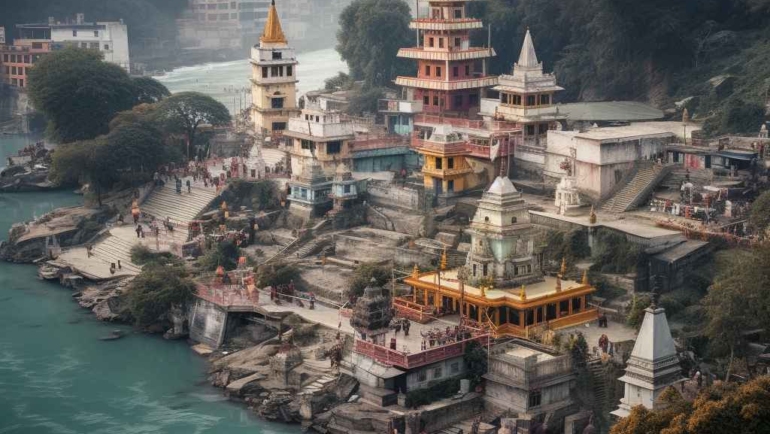 A picturesque view of Rishikesh, showcasing its renowned tourist places, including the iconic Laxman Jhula, Triveni Ghat, and the tranquil banks of the sacred Ganges River."