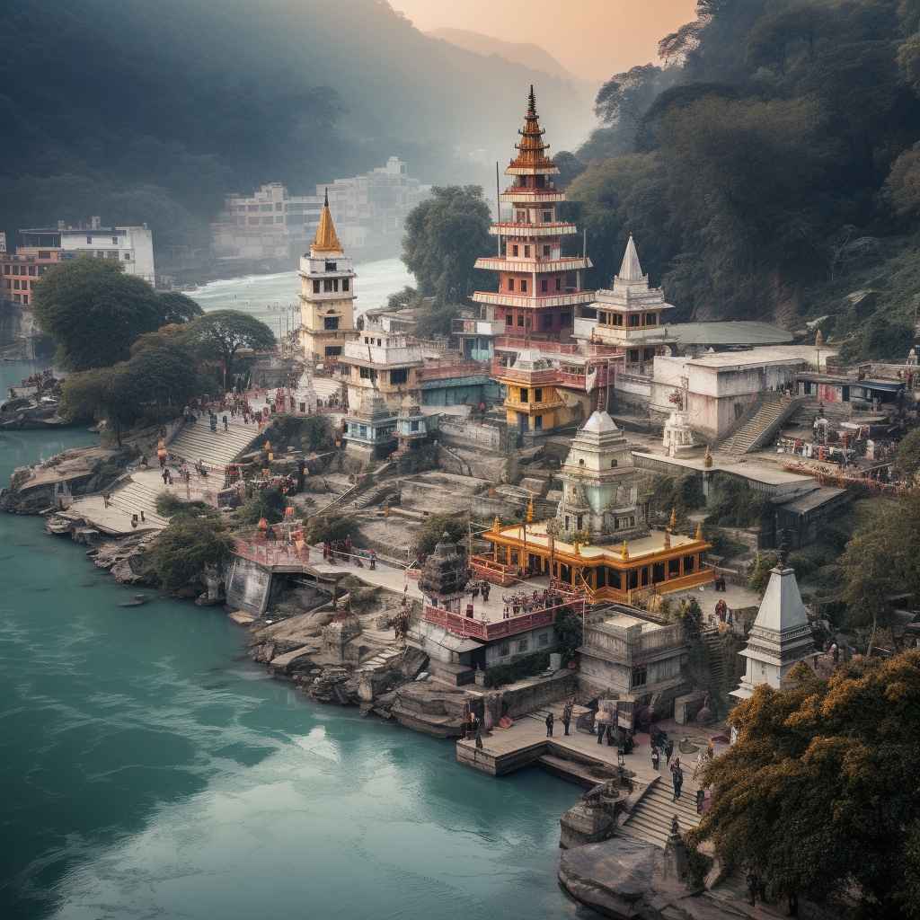 A picturesque view of Rishikesh, showcasing its renowned tourist places, including the iconic Laxman Jhula, Triveni Ghat, and the tranquil banks of the sacred Ganges River."