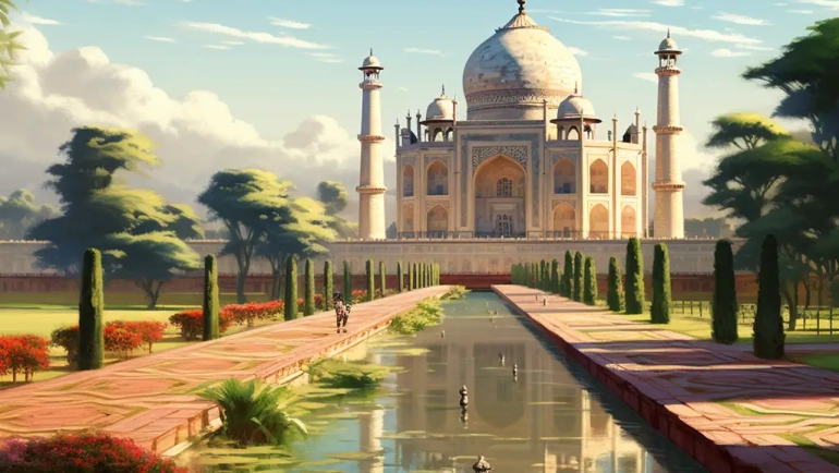 Iconic Taj Mahal in India, bathed in the warm glow of a summer day.