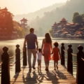 An image of a happy family, including parents and children, exploring the vibrant culture and breathtaking landscapes of India. They are seen at a historical monument, experiencing the rich history and traditions of this diverse and beautiful country