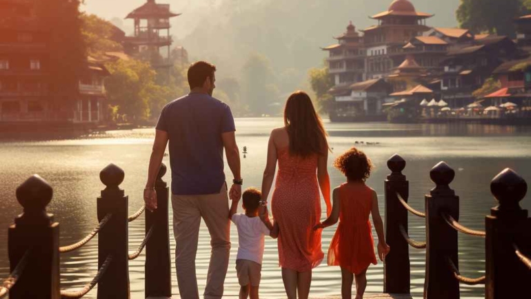 An image of a happy family, including parents and children, exploring the vibrant culture and breathtaking landscapes of India. They are seen at a historical monument, experiencing the rich history and traditions of this diverse and beautiful country