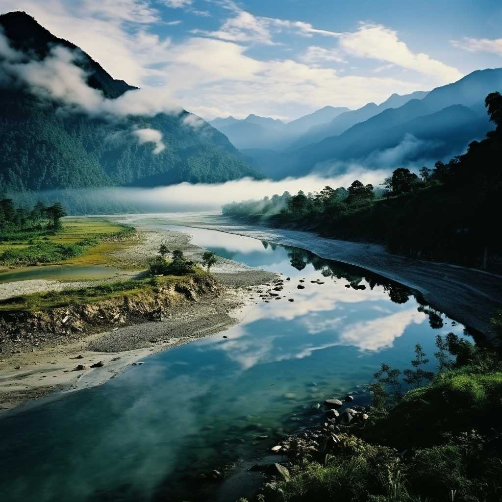 An aerial view of the picturesque landscapes of Arunachal Pradesh, showcasing its lush green valleys, snow-capped peaks, and meandering rivers, capturing the natural beauty of this northeastern Indian state.