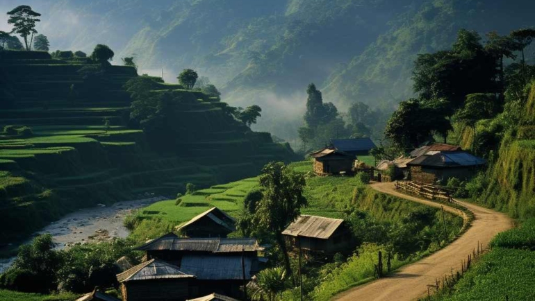 Panoramic view of picturesque landscapes in Mizoram, India, showcasing lush green hills, dense forests, and unique cultural elements.