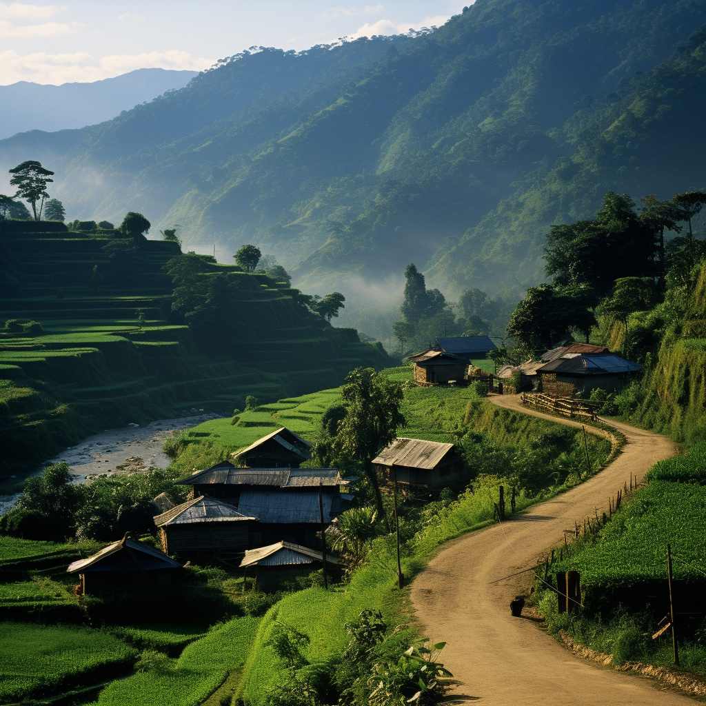 Panoramic view of picturesque landscapes in Mizoram, India, showcasing lush green hills, dense forests, and unique cultural elements.