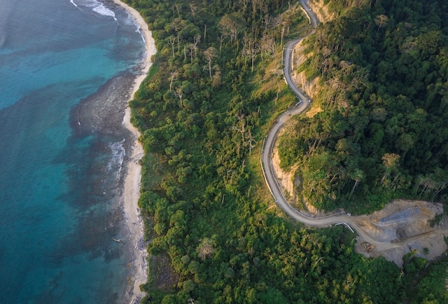 Panoramic view of the pristine beaches and lush greenery of the Andaman and Nicobar Islands, showcasing the natural beauty and serene landscapes of this tropical paradise.