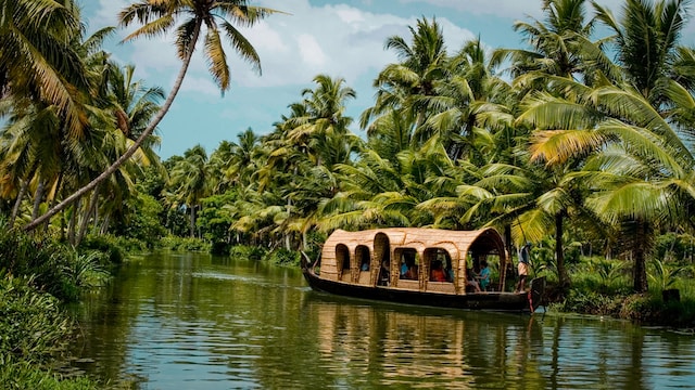 Scenic view of serene Kerala backwaters with lush greenery, houseboats, and tranquil waters