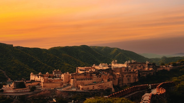 Rajasthan landscape with vibrant colors and architecture.