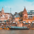 Varanasi riverside view with boats.