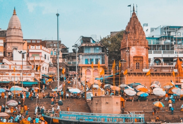 Varanasi riverside view with boats.