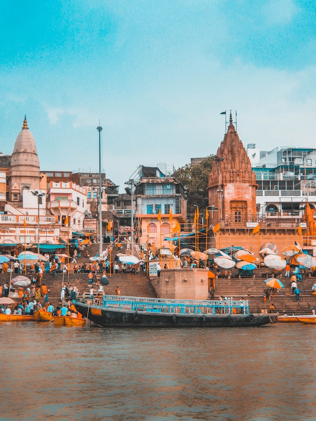 Varanasi riverside view with boats.