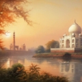 Majestic Taj Mahal, an iconic symbol of love, gleaming under the golden sunset in India.