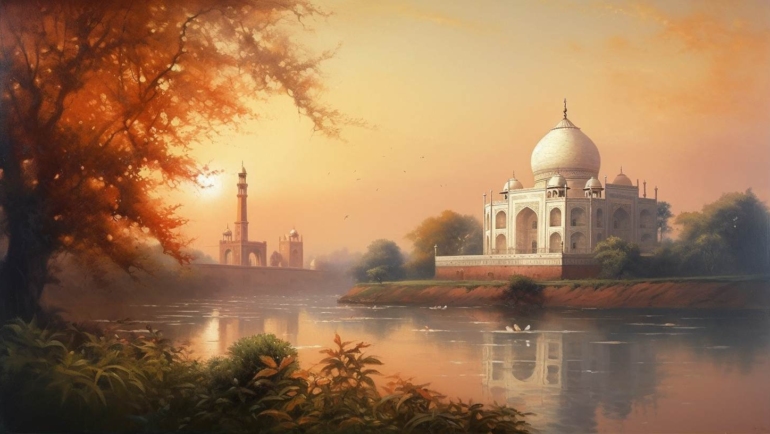 Majestic Taj Mahal, an iconic symbol of love, gleaming under the golden sunset in India.