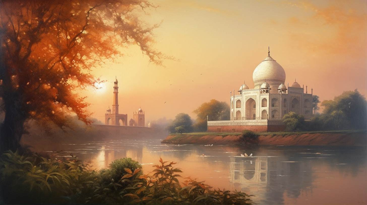 Majestic Taj Mahal, an iconic symbol of love, gleaming under the golden sunset in India.