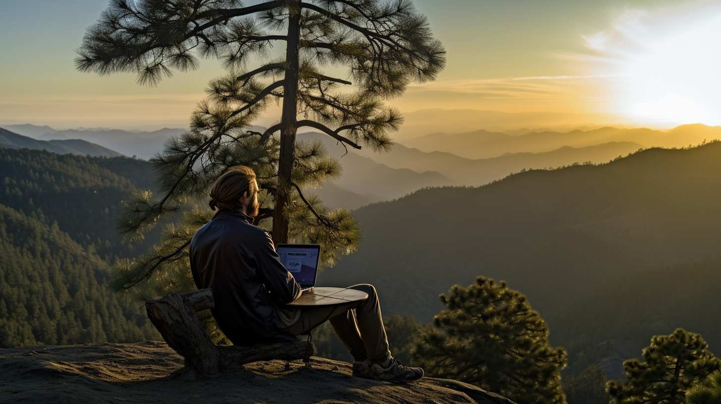 A Digital Nomad finding inspiration while working on a laptop amidst the breathtaking mountain landscape