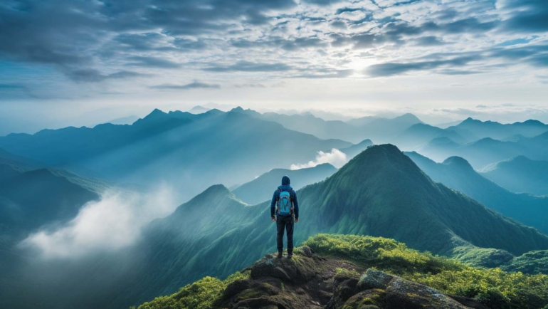 Adventurous hikers reaching the summit of a majestic peak in the Western Ghats, surrounded by lush greenery and panoramic views.