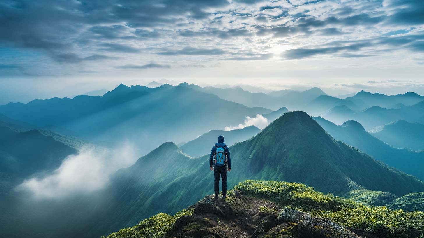 Adventurous hikers reaching the summit of a majestic peak in the Western Ghats, surrounded by lush greenery and panoramic views.