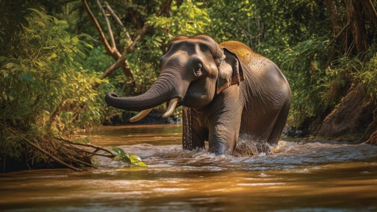 A lush green forest in Mudumalai National Park, with sunlight filtering through the dense canopy. Tall trees, vibrant flora, and a serene atmosphere invite exploration and wildlife spotting in this beautiful natural reserve.