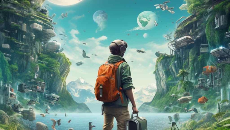 Modern explorer with backpack enjoying a breathtaking view of a mountain landscape.