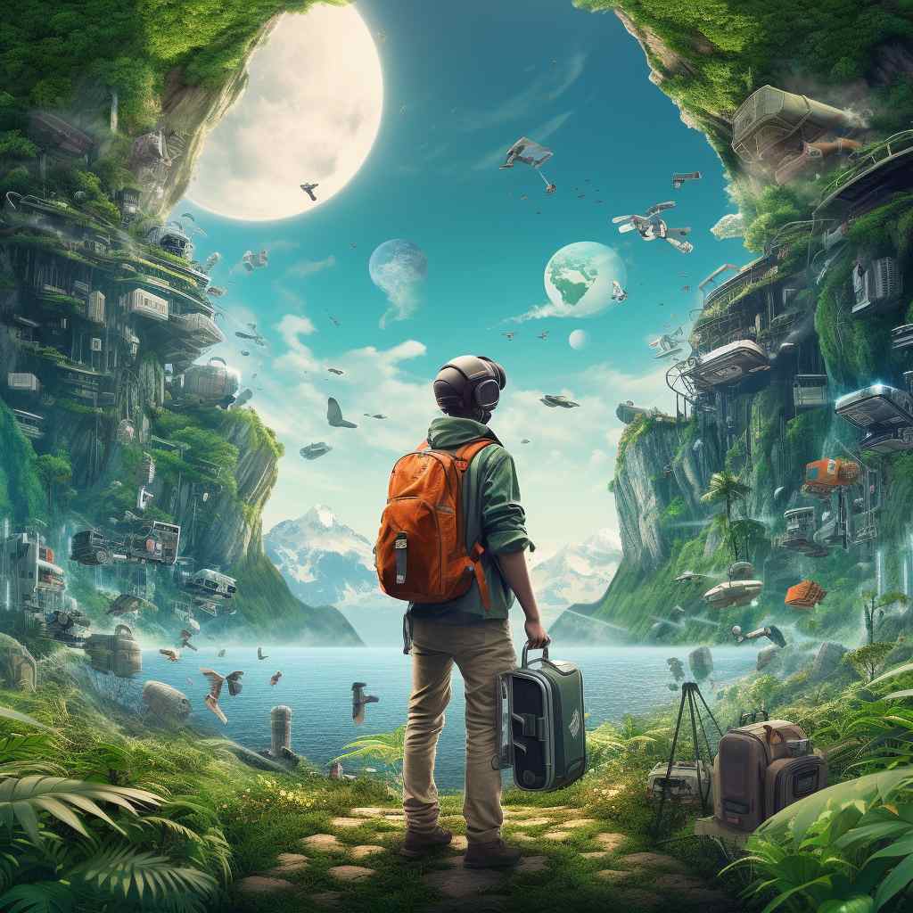 Modern explorer with backpack enjoying a breathtaking view of a mountain landscape.