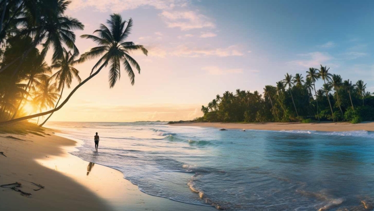 Scenic coastal view with a serene beach and vibrant sunset reflecting on the water.