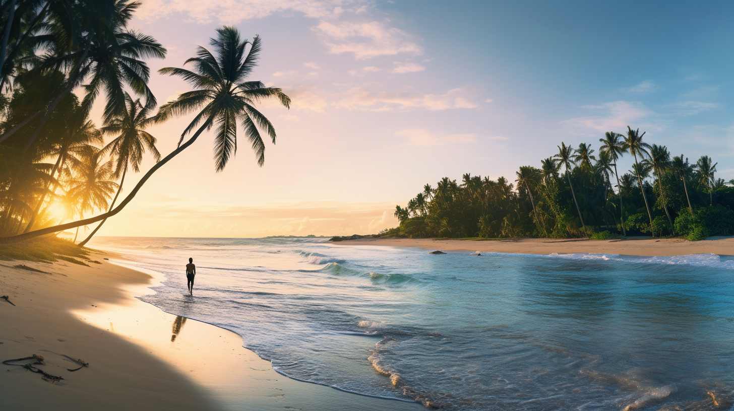 Scenic coastal view with a serene beach and vibrant sunset reflecting on the water.