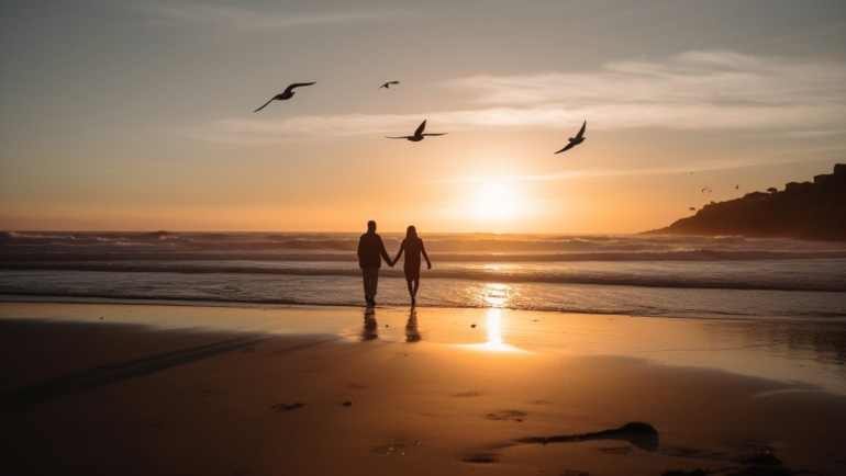 Couples Retreats: A happy couple enjoying a sunset on a tropical beach, embracing each other.