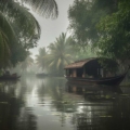 Image of a vibrant monsoon landscape in India with lush greenery, raindrops, and a traveler's umbrella.