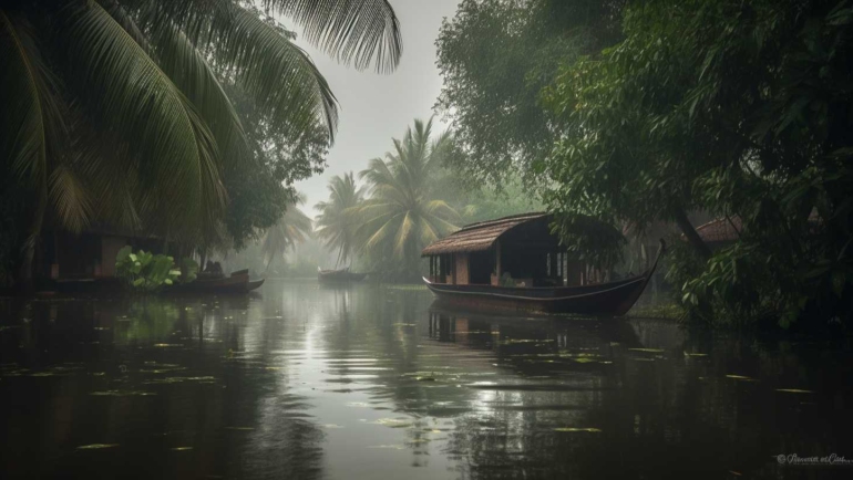 Image of a vibrant monsoon landscape in India with lush greenery, raindrops, and a traveler's umbrella.