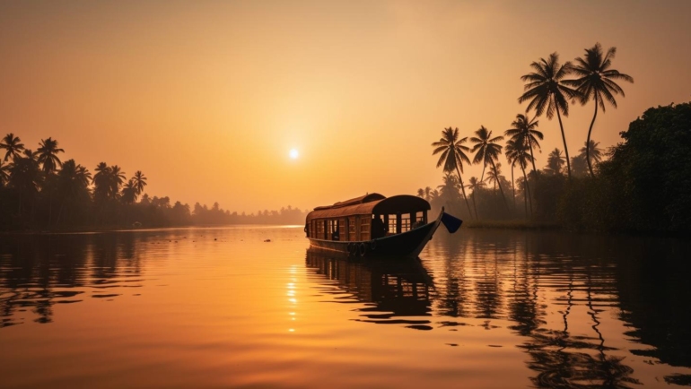 A serene backwater scene showcasing Kerala tourism beauty.