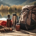 Travel Essentials: hiking gear neatly arranged on a rustic wood surface."