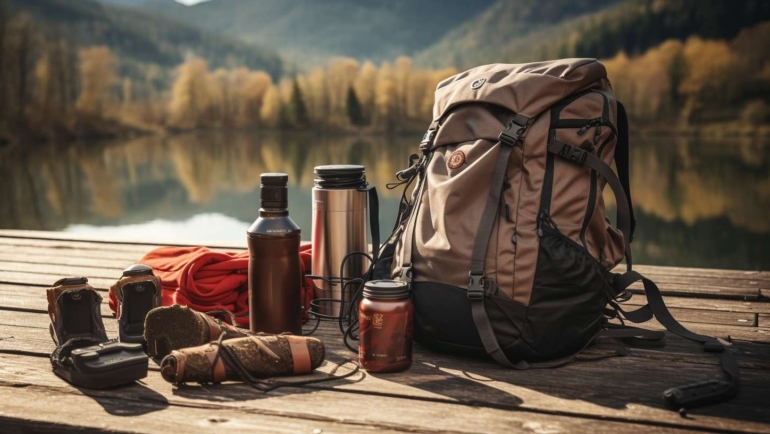 Travel Essentials: hiking gear neatly arranged on a rustic wood surface."