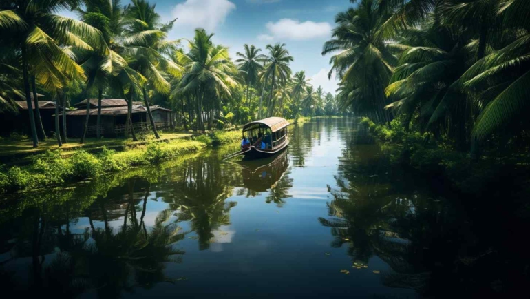 Scenic view of a serene beach with turquoise waters, palm trees, and clear blue sky, representing the beauty of summer vacation in India.