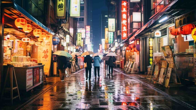 A bustling Tokyo street illuminated at night, showcasing the vibrant cityscape during a weekend getaway.