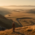 A person standing on a mountaintop overlooking a breathtaking landscape during solo travel. The sun sets behind them, casting warm hues across the horizon. The traveler holds a backpack, displaying independence and freedom while embracing the serenity of the moment.
