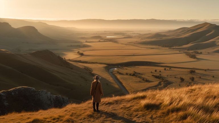 A person standing on a mountaintop overlooking a breathtaking landscape during solo travel. The sun sets behind them, casting warm hues across the horizon. The traveler holds a backpack, displaying independence and freedom while embracing the serenity of the moment.