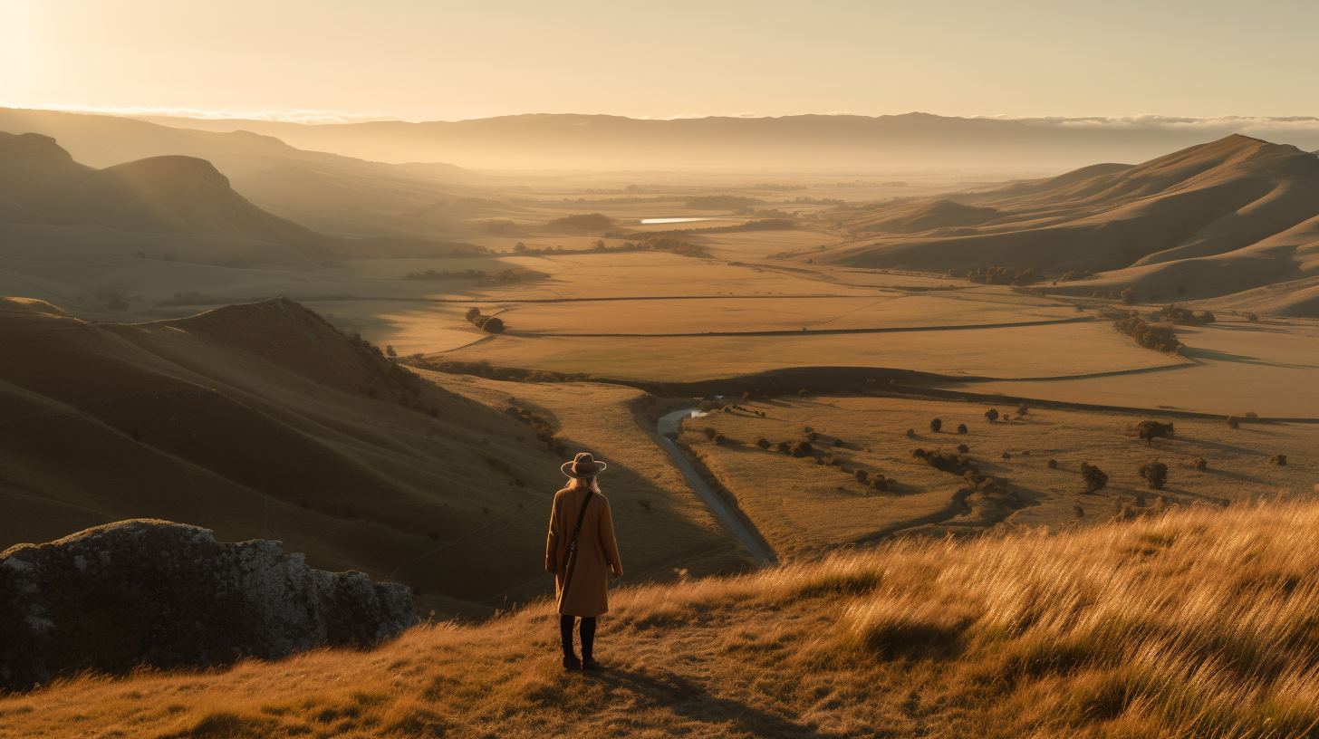 A person standing on a mountaintop overlooking a breathtaking landscape during solo travel. The sun sets behind them, casting warm hues across the horizon. The traveler holds a backpack, displaying independence and freedom while embracing the serenity of the moment.