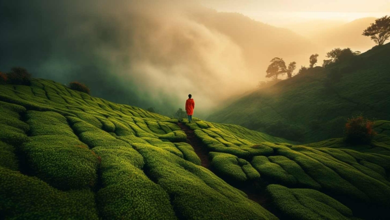 Panoramic view of lush green mountains and a serene valley, showcasing the beauty of India's Hill Stations.