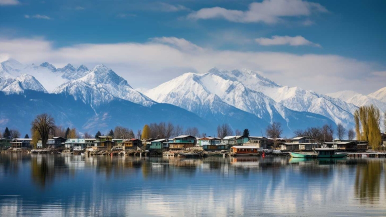 Panoramic view of the serene Dal Lake, surrounded by lush greenery and snow-capped mountains in India.