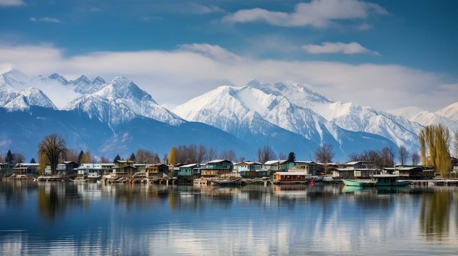 Panoramic view of the serene Dal Lake, surrounded by lush greenery and snow-capped mountains in India.