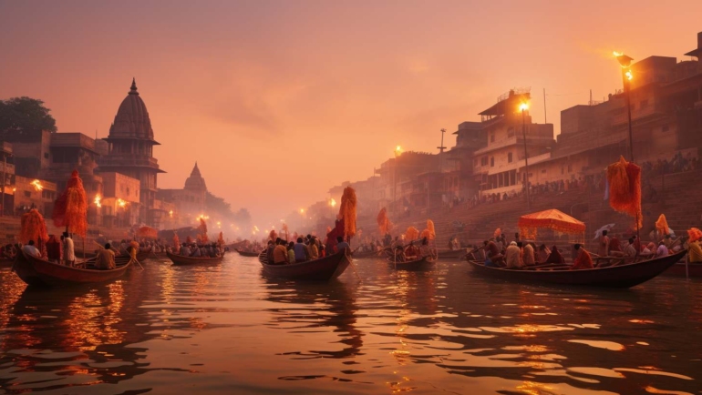 Sunrise over the Ganges River in Varanasi, India, wooden boats and ancient ghats along the sacred waters. Heritage tourism in India