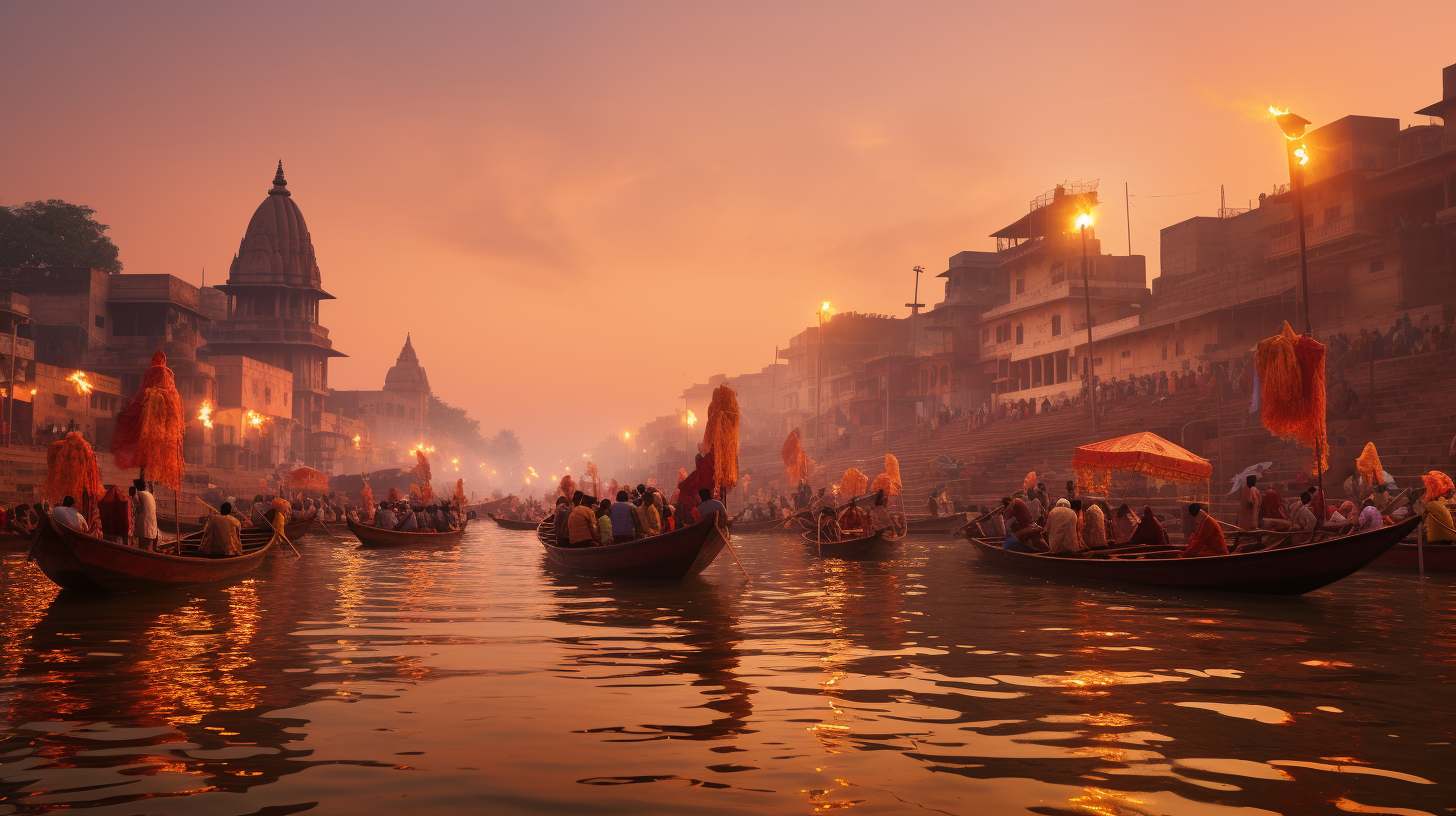 Sunrise over the Ganges River in Varanasi, India, wooden boats and ancient ghats along the sacred waters. Heritage tourism in India