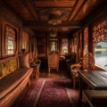Luxury travel Indian houseboat on Dal Lake, Kashmir, featuring vibrant flowers, mountain backdrop, and intricate wooden carvings