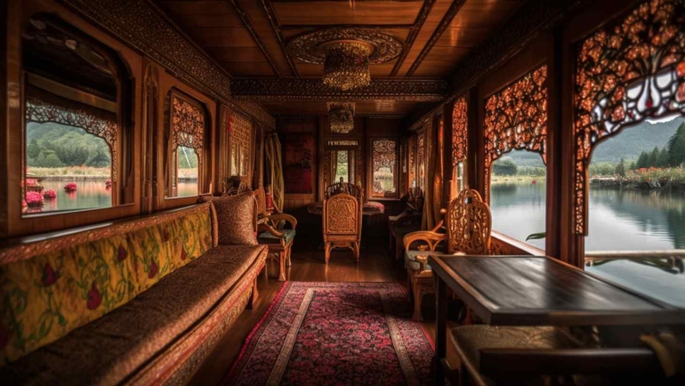 Luxury travel Indian houseboat on Dal Lake, Kashmir, featuring vibrant flowers, mountain backdrop, and intricate wooden carvings