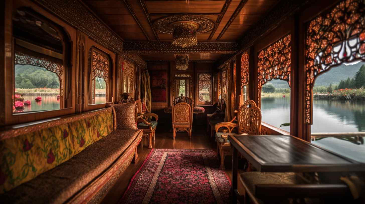 Luxury travel Indian houseboat on Dal Lake, Kashmir, featuring vibrant flowers, mountain backdrop, and intricate wooden carvings
