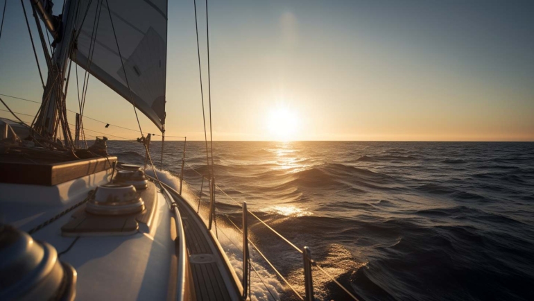 Yacht sailing through open seas, a perfect illustration of Marine Travel and Adventure.