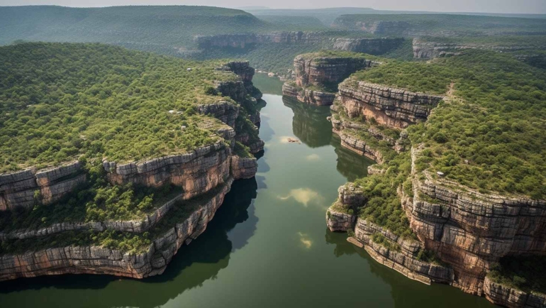 Aerial view of Gandikota, showcasing stunning red rock formations, a meandering river, and lush greenery. The landscape resembles the Grand Canyon, with rugged cliffs and a vast canyon carved by the river.